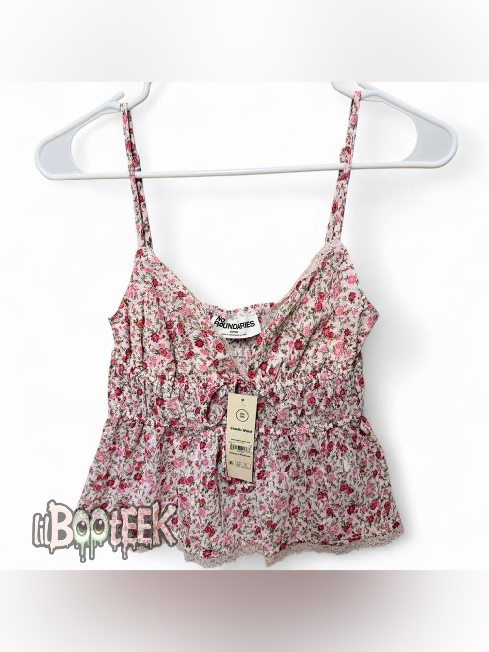No Boundaries Pink Floral Smocked Spaghetti Strap Camisole XXS NWT